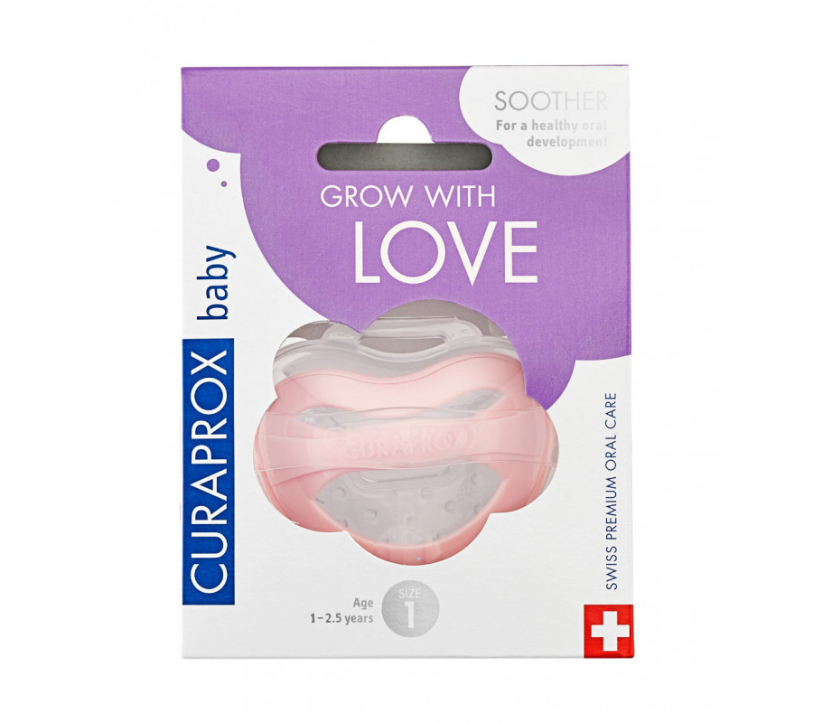 Cоска-пустышка Curaprox розовая, размер 1 (7-10 кг, 7-18 мес.), 1 шт., контейнер